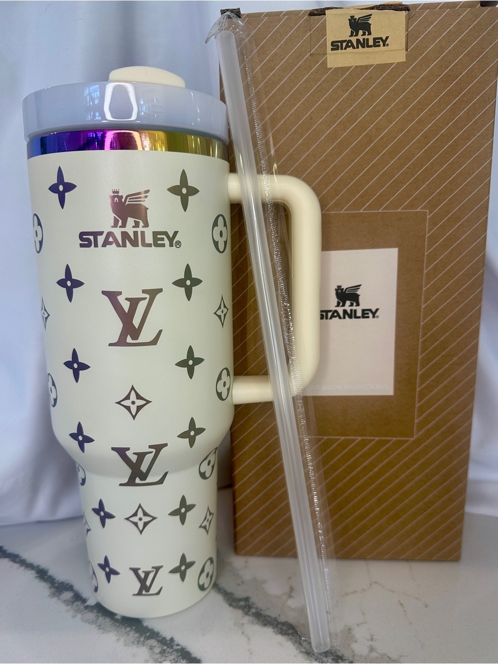 LV Style Cream Monogram 40oz Stanley Oil Slick Iridescent Tumbler NIB